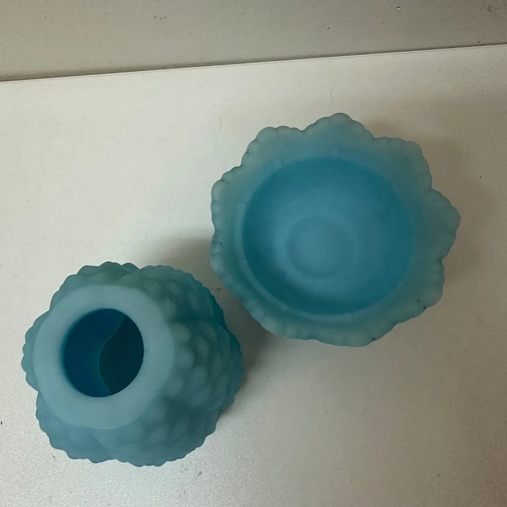 Fenton Blue Satin Glass Hobnail Fairy Lamp 2 Piece Votive Candle Holder 4.5